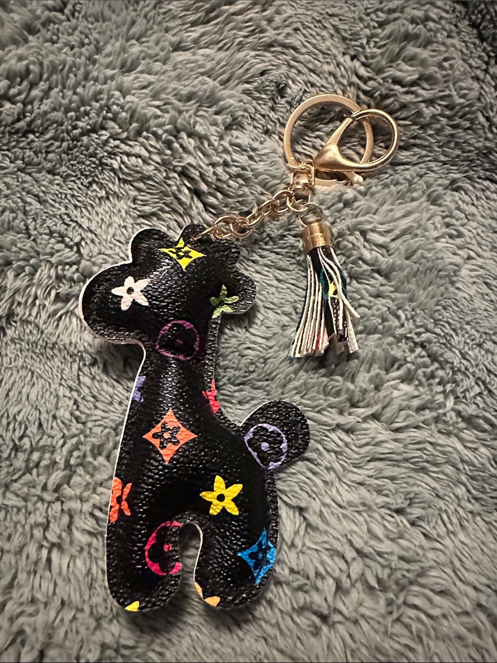 Multicolor Black Leatherette Giraffe Keychain with Tassel